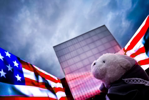 アメリカパビリオンを背に何かの覚悟を決めたような顔のぬいぐるみ(たぶん雨の中長い待ち列を並ぶ覚悟を決めた顔)