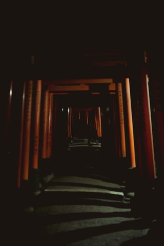 夜の伏見稲荷大社。どこかに誘われそうな怖さ…。