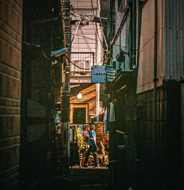 路地裏でのグッドタイミング
細い路地を抜けた先にちょうど人が通る瞬間の
写真。

Nikon F3、 iso400のフィルムでの撮影

【東京都　中野区】