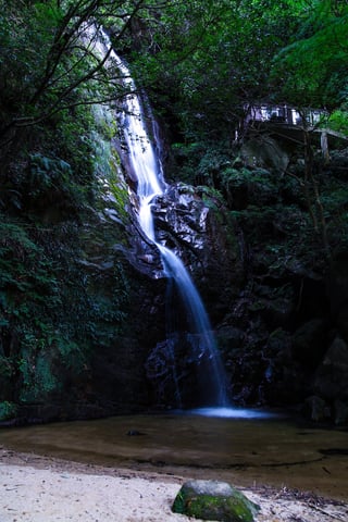 空気が綺麗で静かな滝、滝までの橋。緑の中に真っ赤な橋は、素晴らしかった。